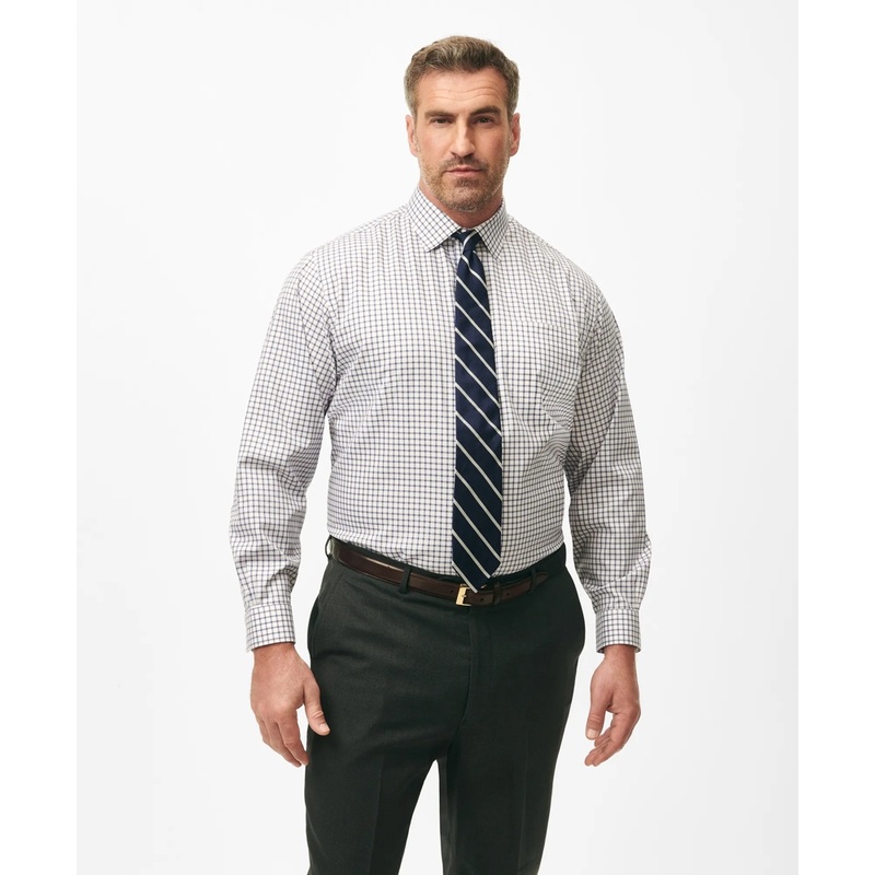 Big & Tall Stretch Supima Cotton Non-Iron Pinpoint Oxford Ainsley Collar, Ticking  Check Dress Shirt