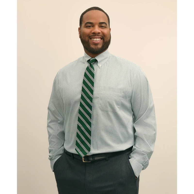 Big & Tall Stretch Supima Cotton Non-Iron Pinpoint Oxford Polo Button Down Collar, Micro Windowpane Dress Shirt