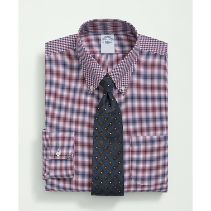 Big & Tall Stretch Supima Cotton Non-Iron Poplin Polo Button-Down Collar, Checked Dress Shirt