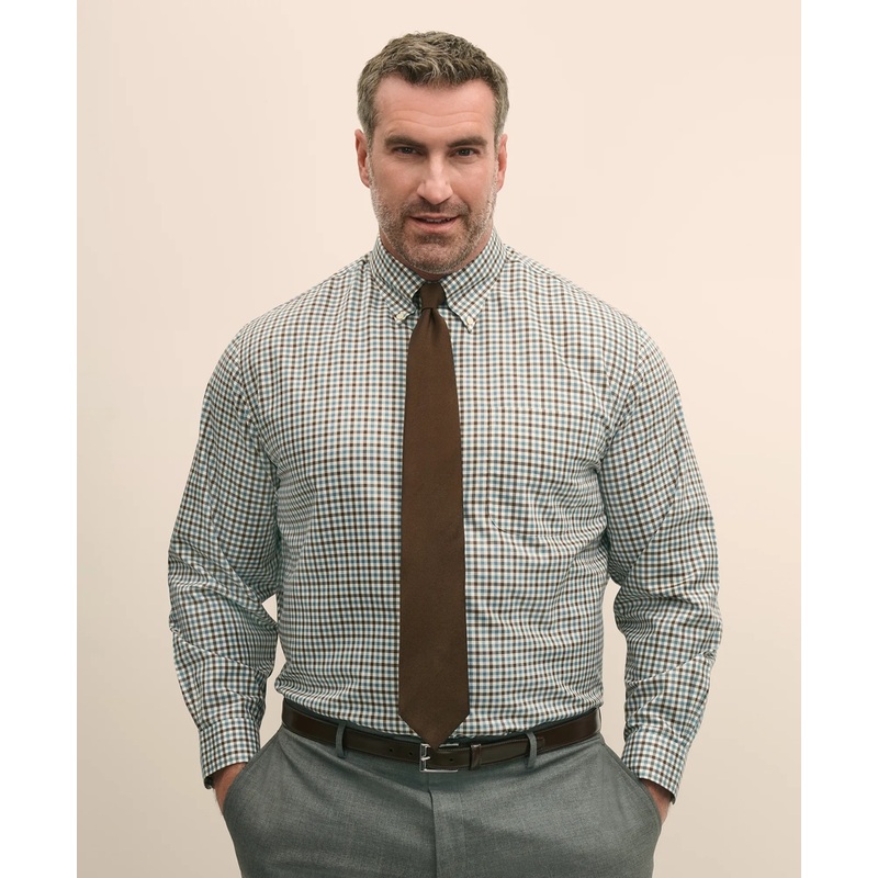 Big & Tall Stretch Supima Cotton Non-Iron Twill Polo Button Down, Check Sport Shirt