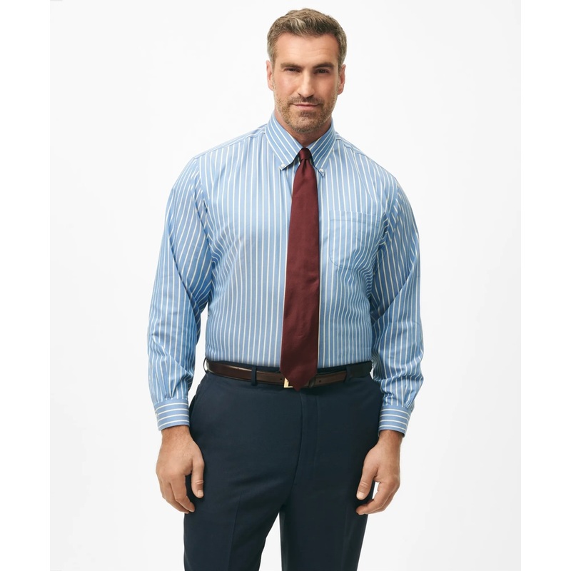 Big & Tall Stretch Supima Cotton Non-Iron Twill Polo Button Down Collar, Ground Stripe Dress Shirt