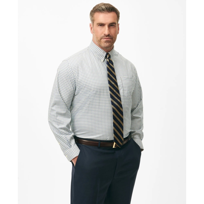 Big & Tall Stretch Supima Cotton Non-Iron Twill Polo Button Down Collar, Multi-Check Dress Shirt