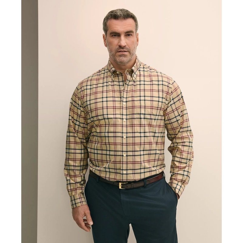 Big & Tall Stretch Supima Cotton Non-Iron Twill Polo Button-Down Collar Tartan Shirt