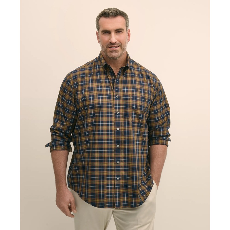 Big & Tall Stretch Supima Cotton Non-Iron Twill Polo Button Down, Plaid Sport Shirt