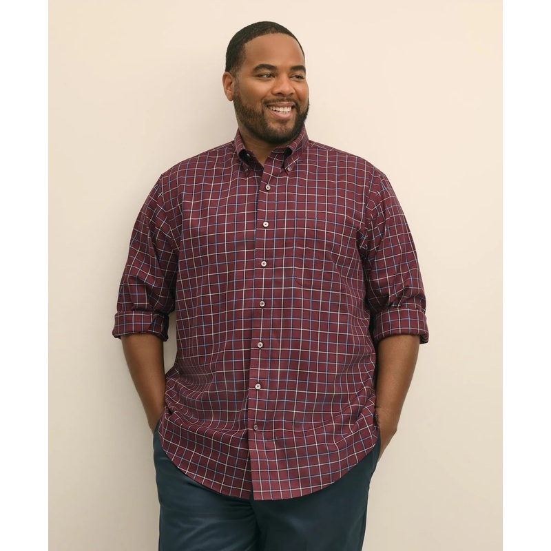 Big & Tall Stretch Supima Cotton Non-Iron Twill Polo Button Down, Windowpane Sport Shirt