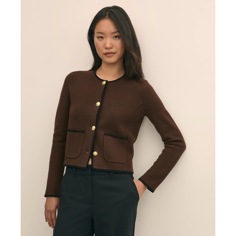 Brushed Merino Wool Suede Trim Sweater Jacket