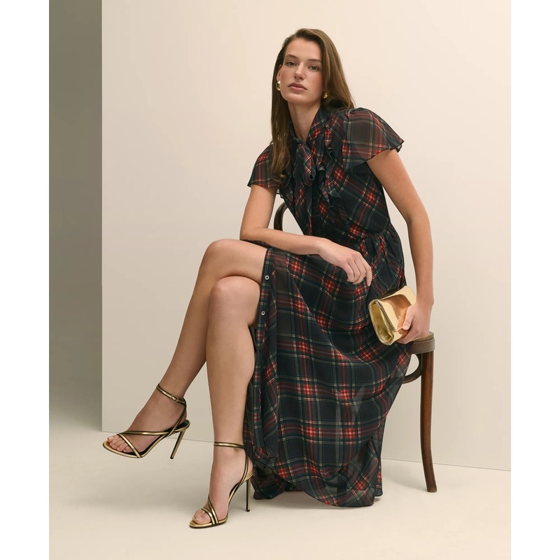 Chiffon Plaid Flutter-Sleeve Maxi Dress