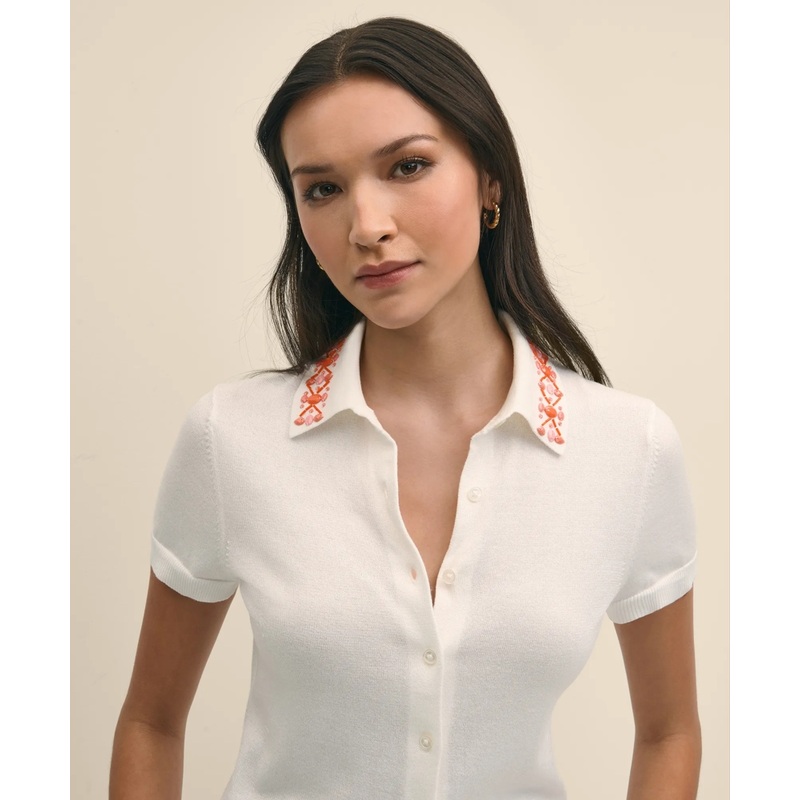 Mercerized Cotton Embellished Polo Sweater