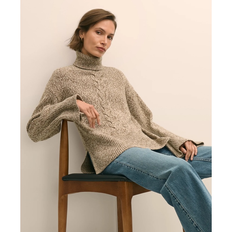 Merino Wool Blend Marled Cable-Knit Turtleneck Sweater