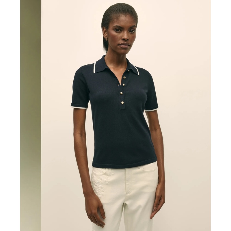 Silk Blend Short-Sleeve Tipped Polo Sweater