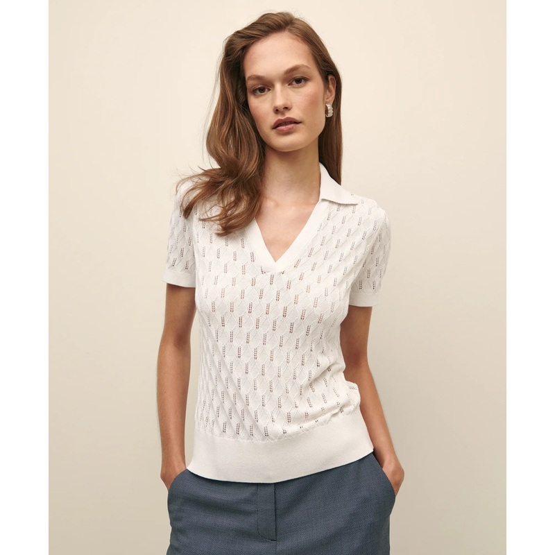 Silk Pointelle Johnny Collar Short-Sleeve Polo Sweater