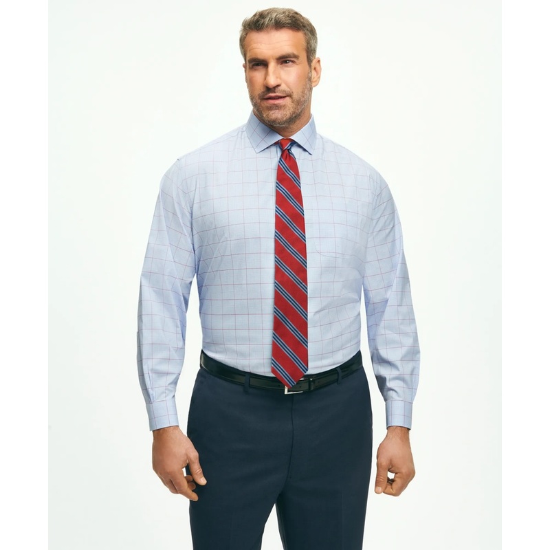 Stretch Big & Tall Supima Cotton Non-Iron Poplin English Spread Collar, Glen Plaid Dress Shirt