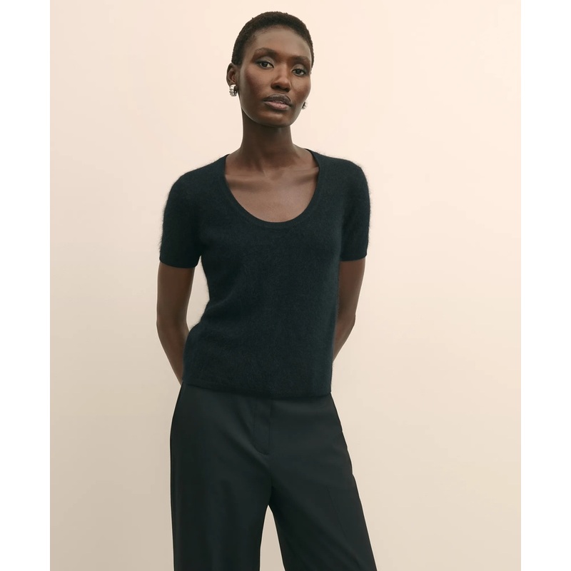 Wool-Cashmere Blend Brushed Short-Sleeve Sweater Shell