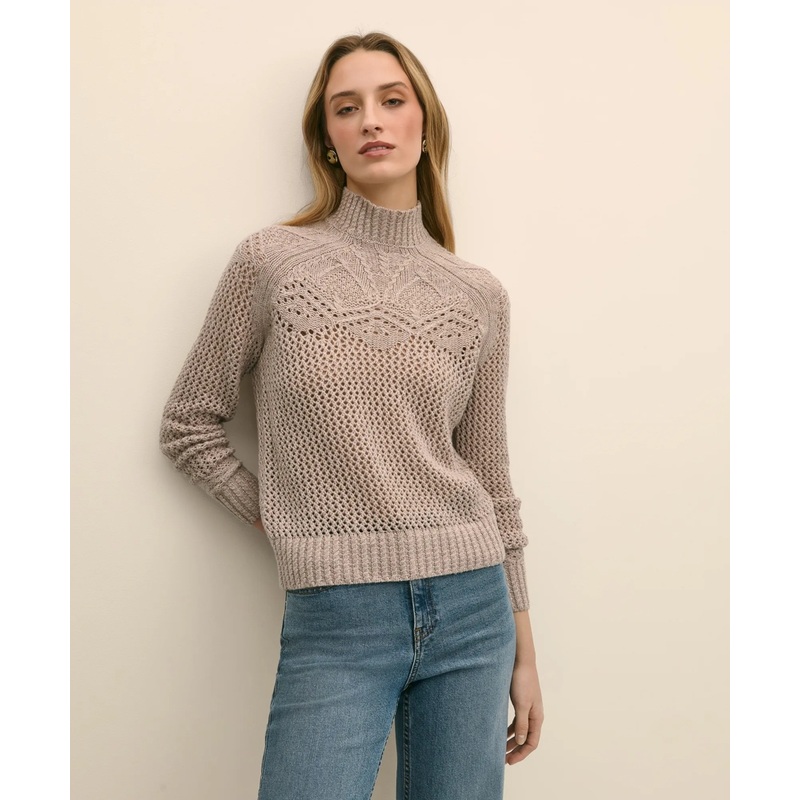 Wool Pointelle Open Knit Mock Neck Sweater