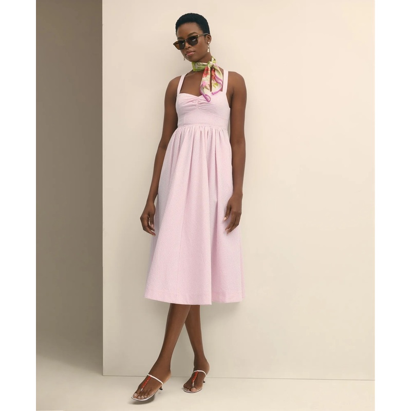 Cotton Blend Seersucker Fit-And-Flare Dress