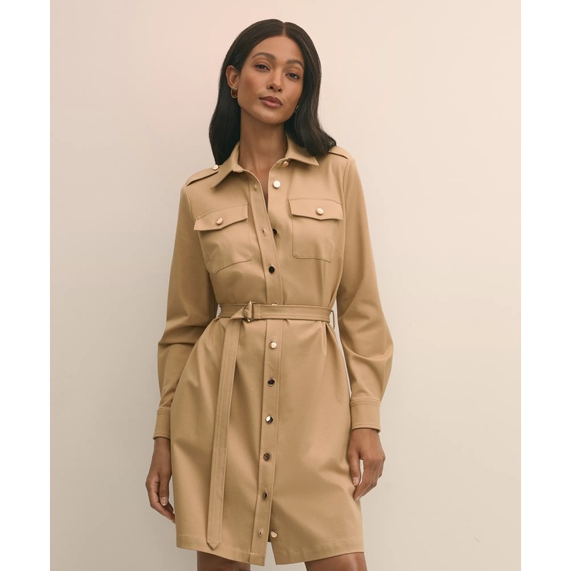Cotton Blend Twill Belted Shirt Dress
