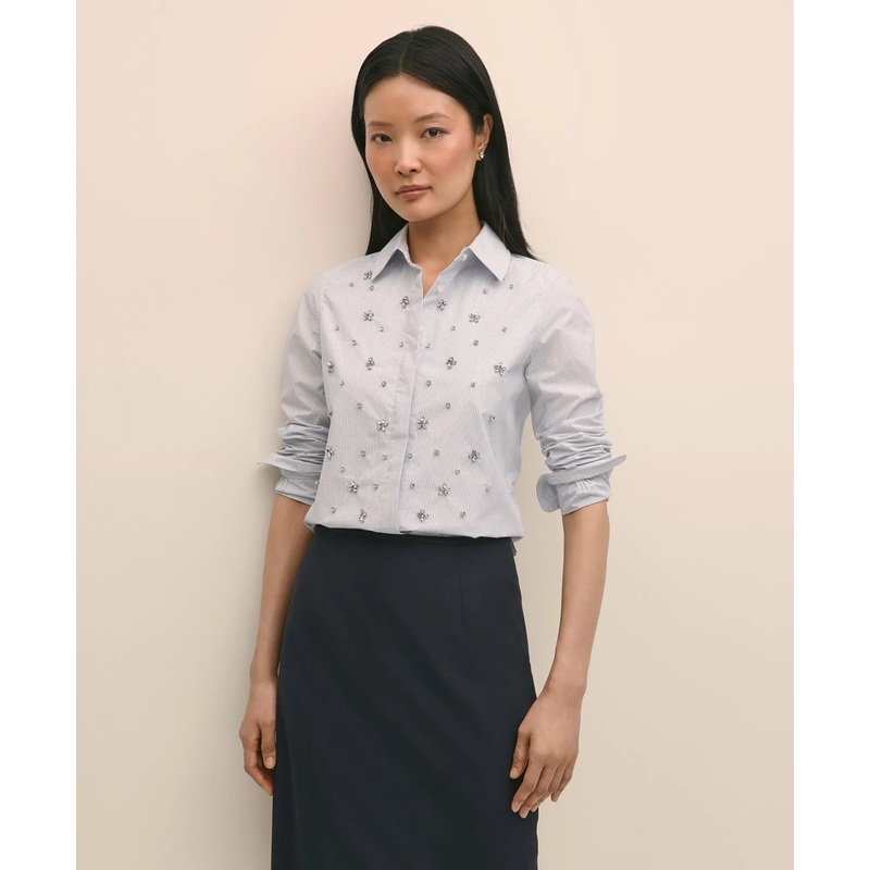 Cotton Poplin Pinstripe Embellished Shirt