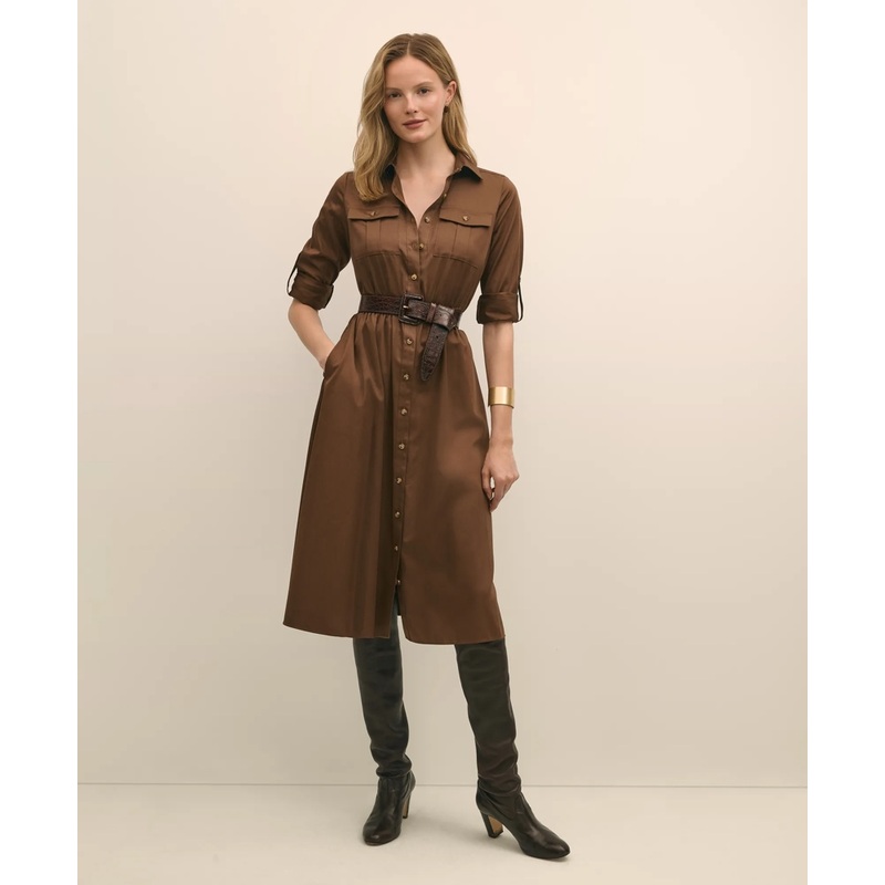Cotton Sateen Fit-And-Flare Belted Shirt Dress