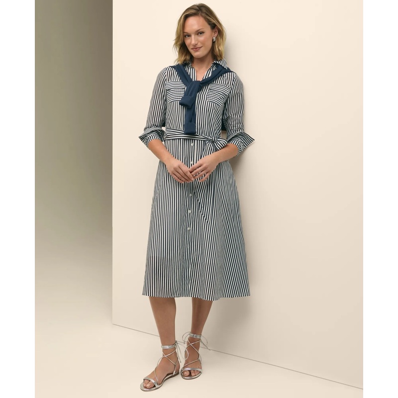 Cotton-Silk Stripe Utility Shirt Dress