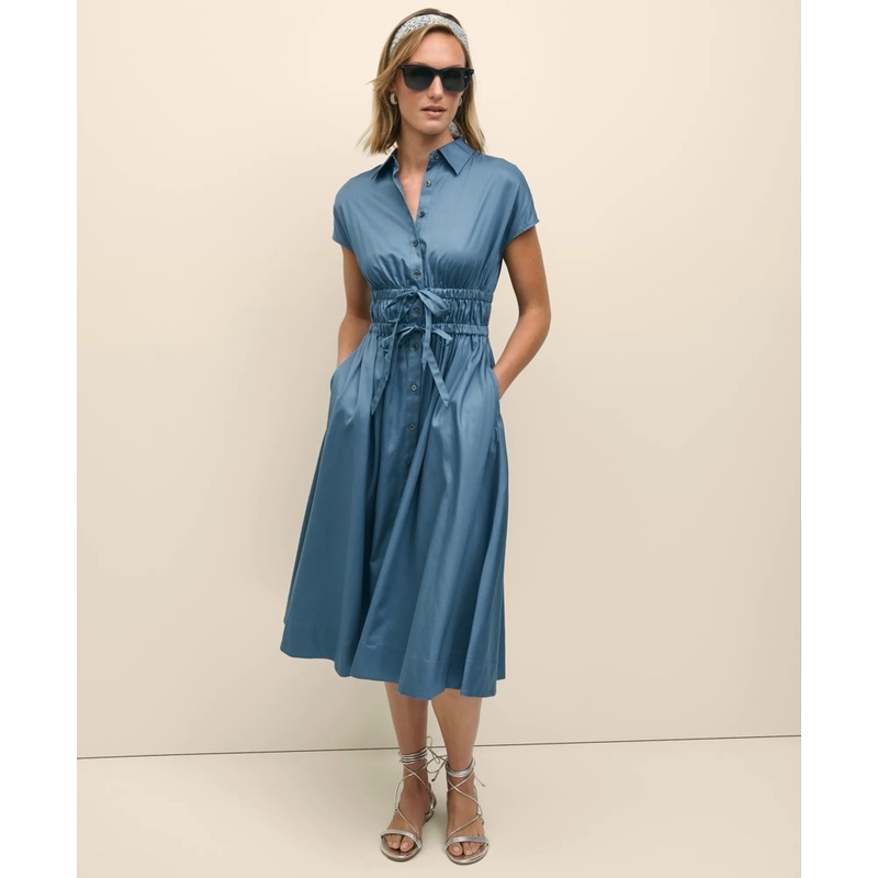 Cotton Smocked Waist Cap-Sleeve Shirt Dress