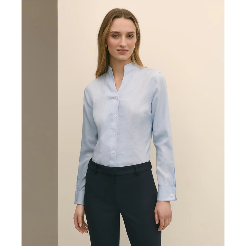 Fitted Funnel Neck Shirt in Non-Iron Royal Oxford Cotton