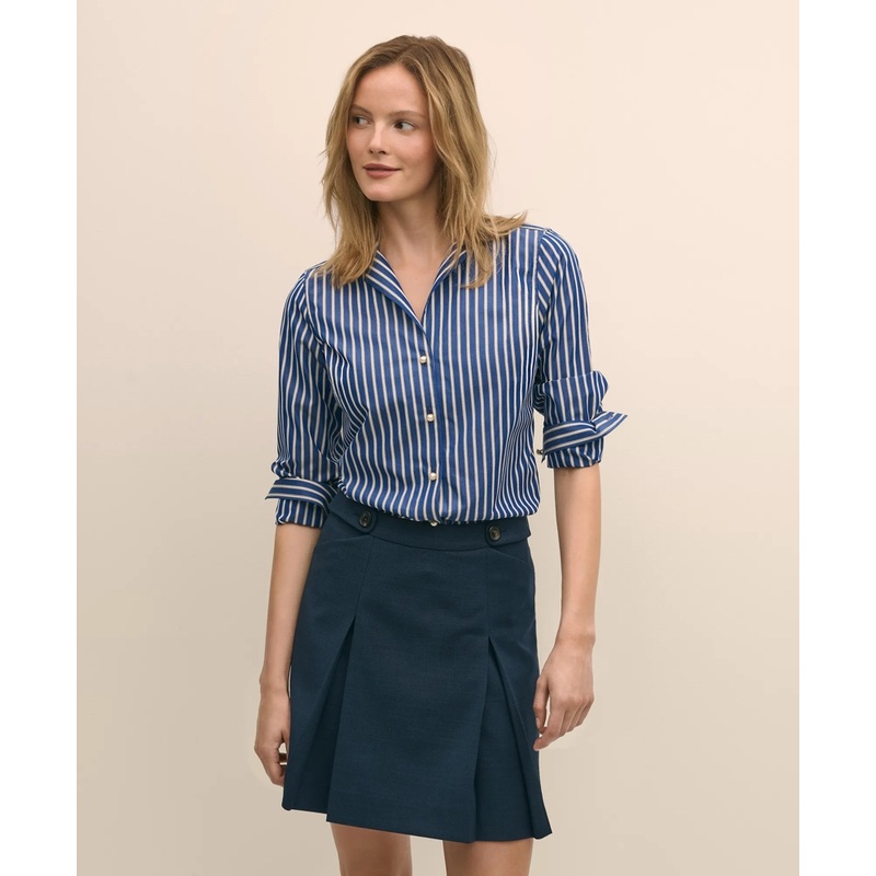 Fitted Supima Cotton Striped Dress Shirt with Faux Pearl Button Detail