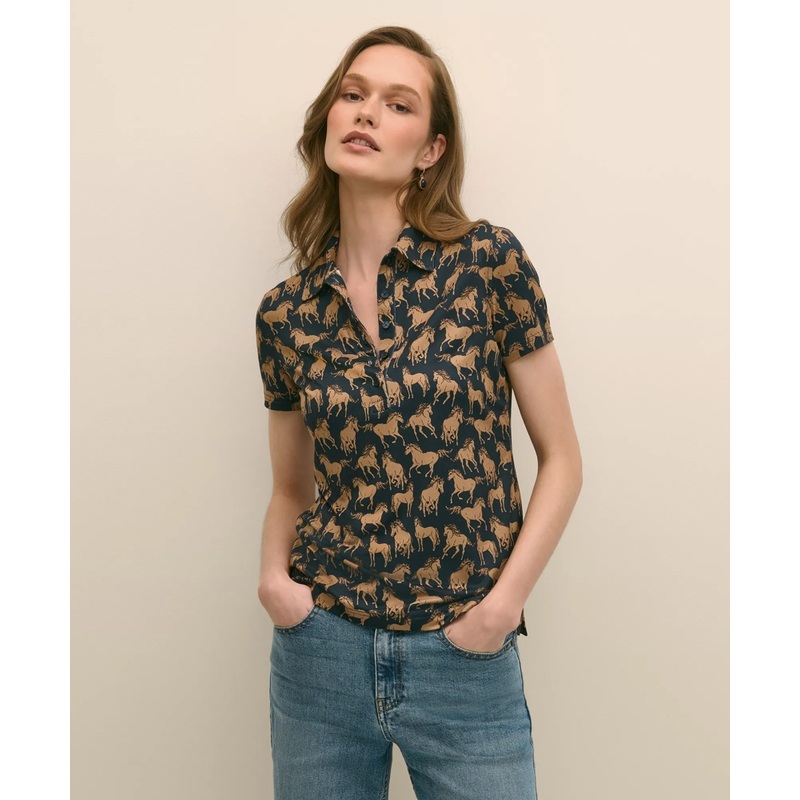 Knit Polo Shirt in Horse Print