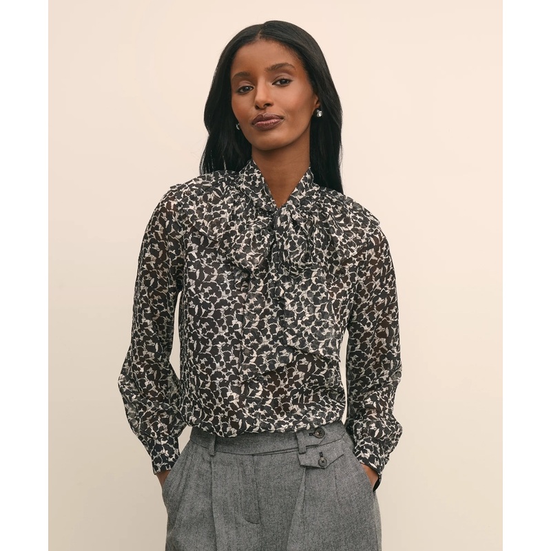 Leaf-Print Jacquard Bow-Neck Blouse