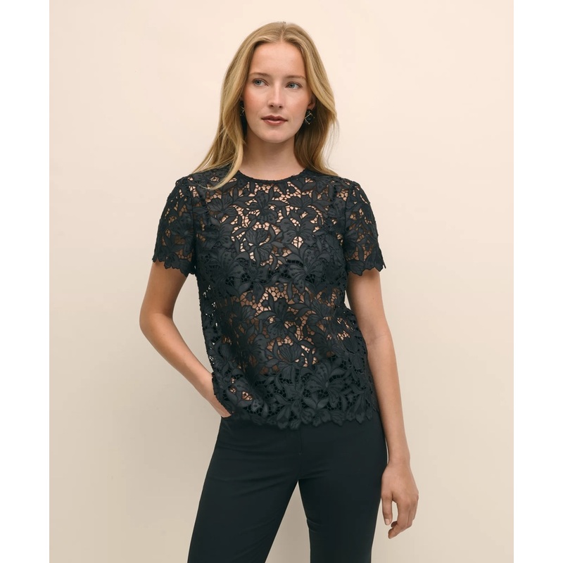 Relaxed Short-Sleeve Semi-Sheer Lace Top