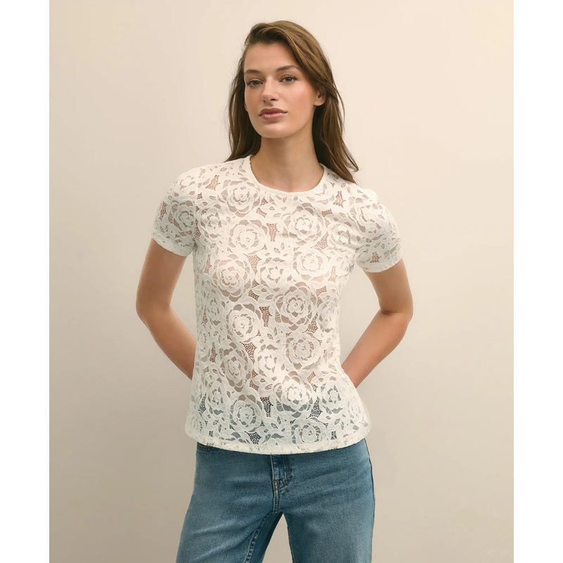 Semi-Sheer Short-Sleeve Top in Floral Lace
