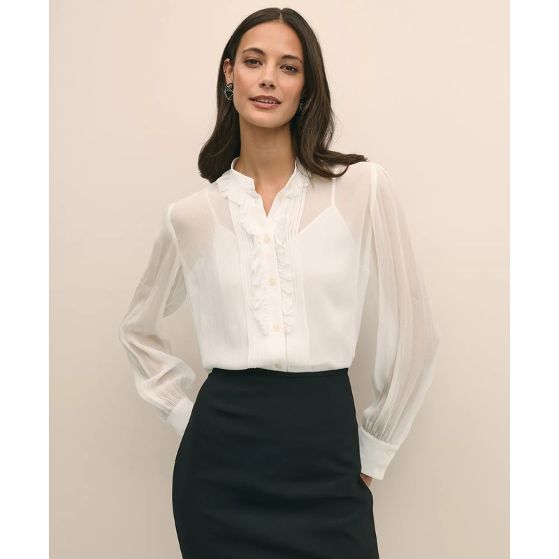 Sheer Pleated Ruffle Detail Blouse