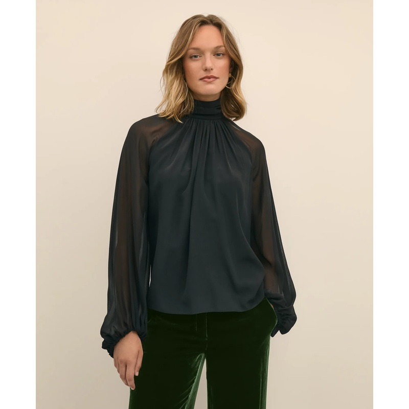 Silk Contrast-Sleeve Blouse