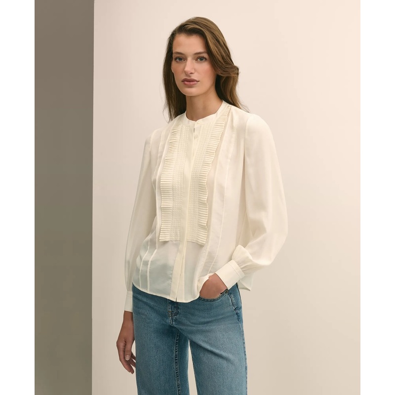 Silk Haboti Pintucked Band-Collar Blouse