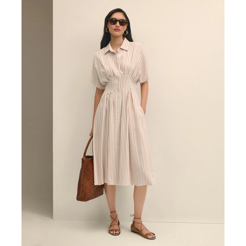 Striped Pleated Fit-And-Flare Shirt Dress