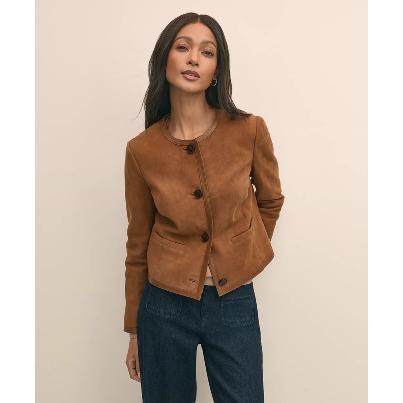 Suede Cropped Jacket With Leather Trim