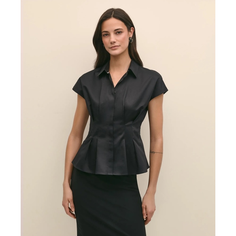Supima Cotton Sateen Pleated Peplum Shirt