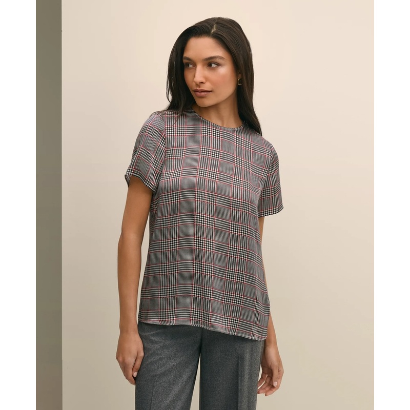 Washable Silk Charmeuse Plaid Short-Sleeve Top