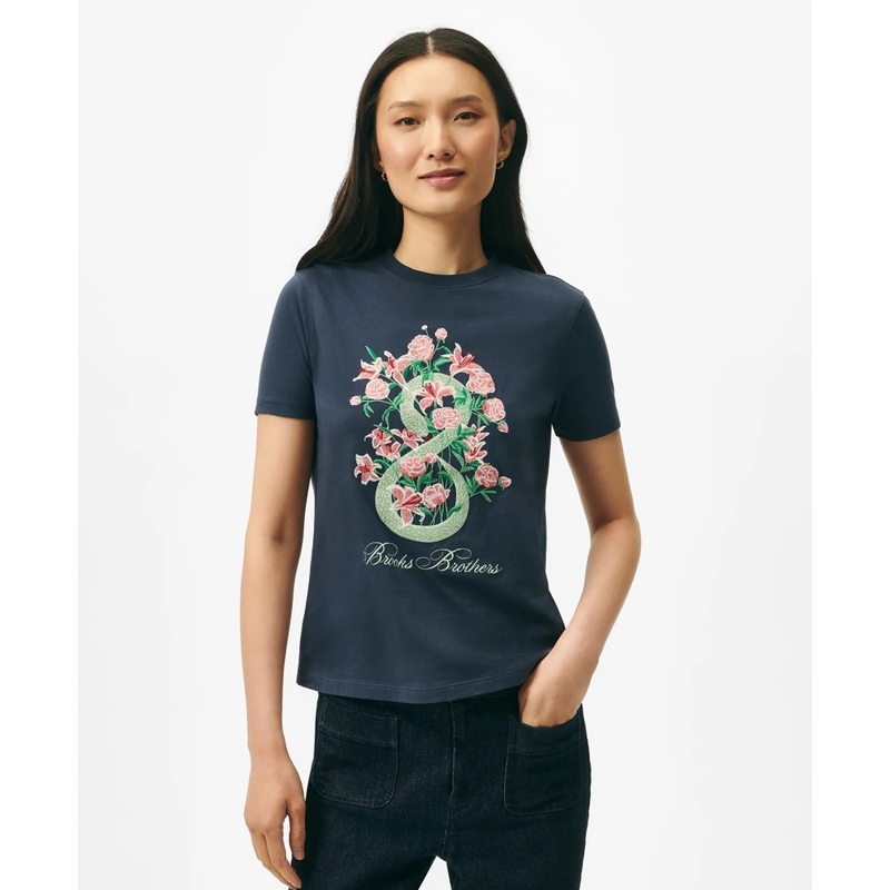 Women’s Lunar New Year Cotton Embroidered Bouquet Snake Motif T-Shirt