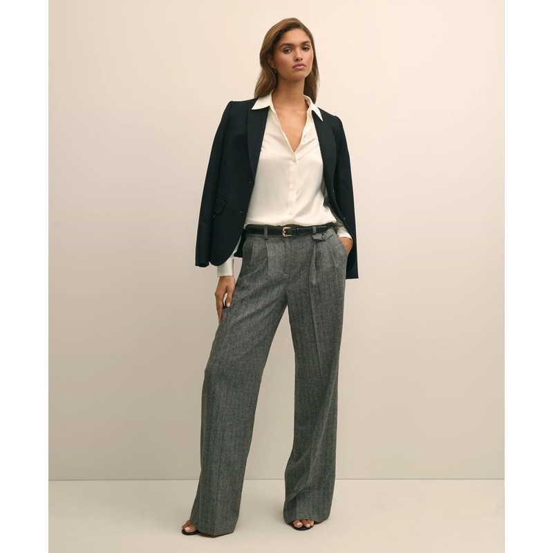 Wool Blend Pleated Herringbone Wide-Leg Pant