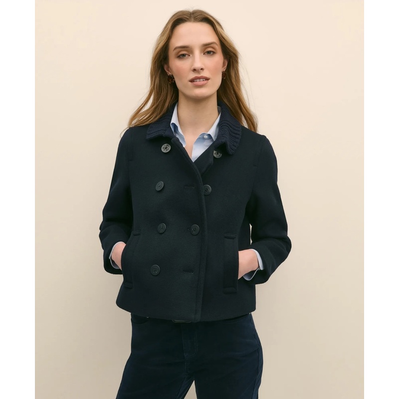 Wool Cropped Peacoat With Sweater Collar