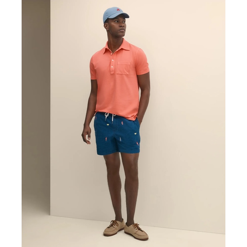 6″ Cotton Seersucker Embroidered Lobster Motif Friday Shorts