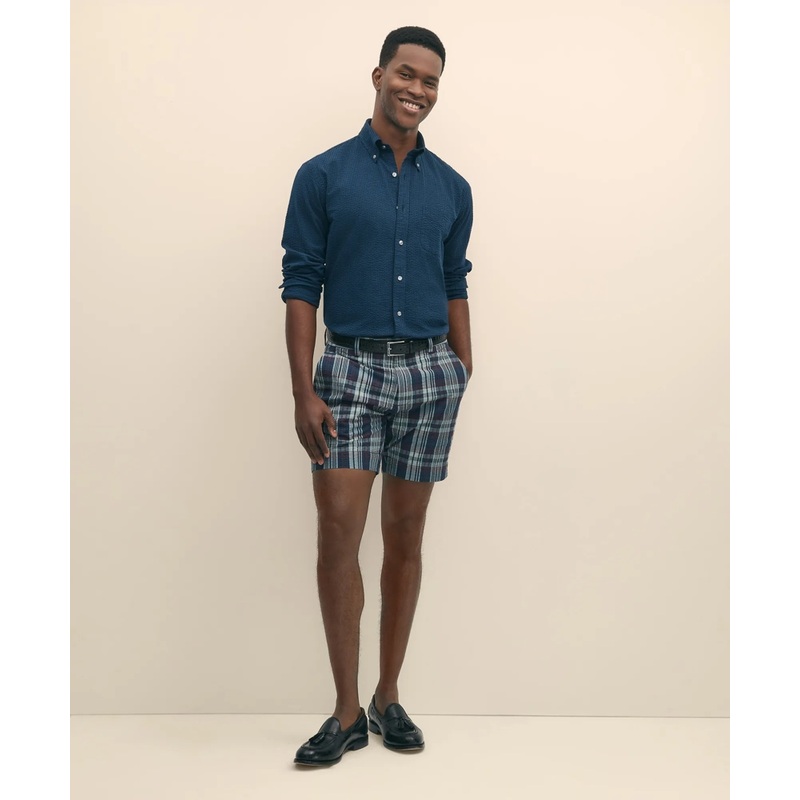 7″ Cotton Seersucker Plaid Shorts