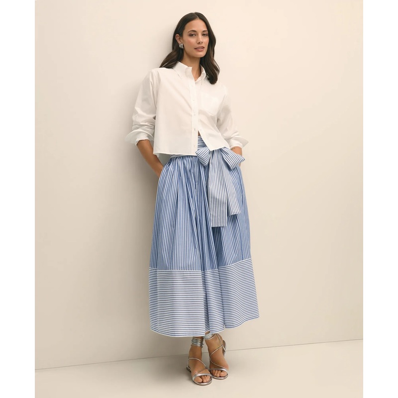 Bow Waist Pleated Maxi Skirt in Striped Cotton