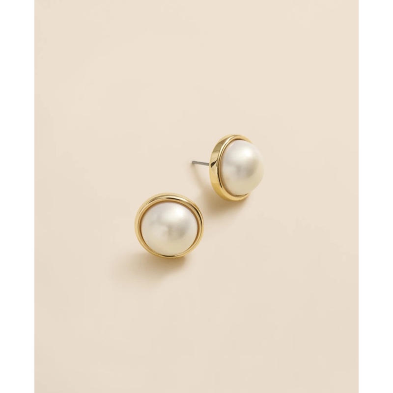 Faux-Pearl Gold-Plated Smooth Bezel Stud Earrings