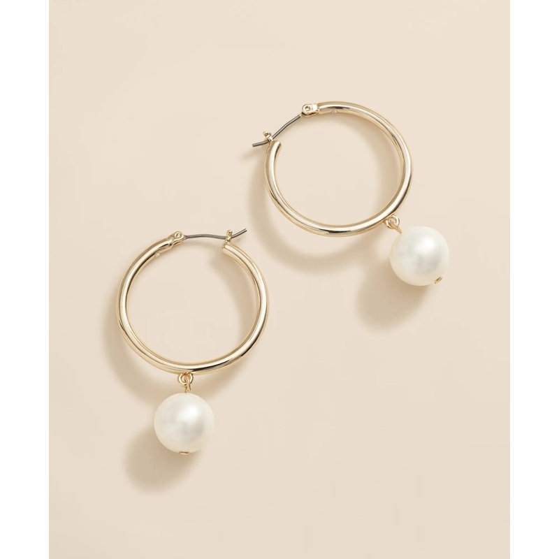 Gold-Tone Faux-Pearl Drop Hoop Earrings