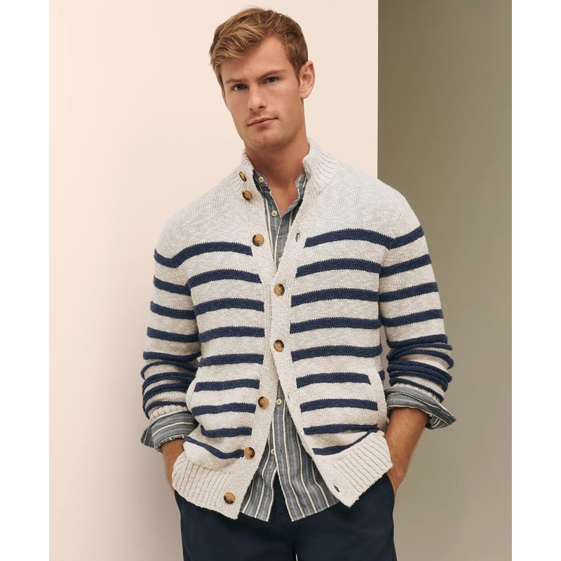 Cotton-Linen Mariner Stripe Mock Neck Cardigan