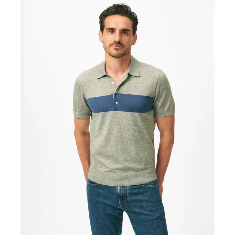 Luxe Short Sleeve Polo Sweater In Striped Cotton-Cashmere