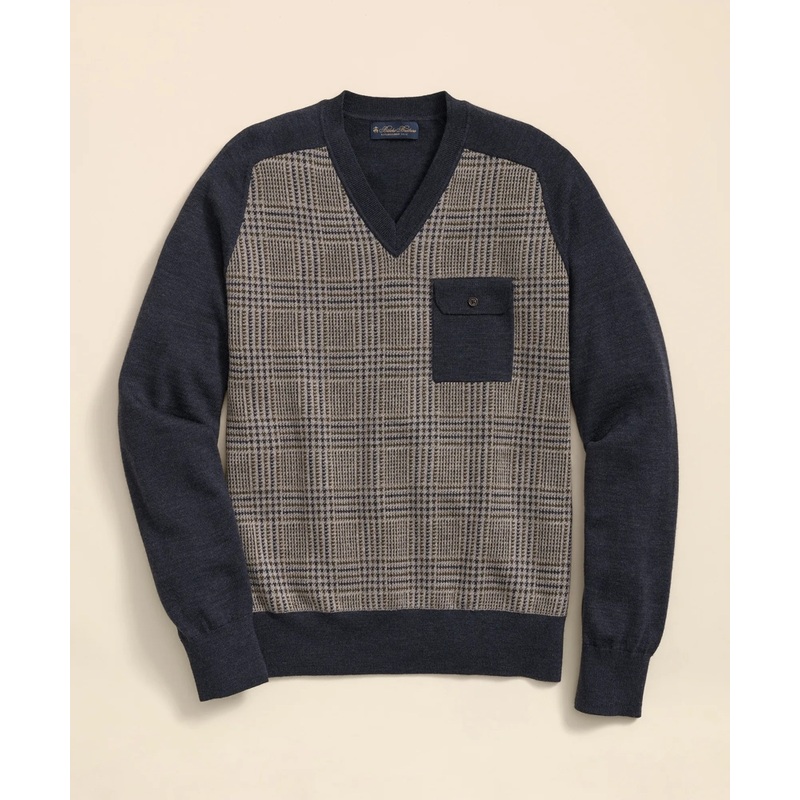 Merino Wool Glen Plaid Contrast Sweater