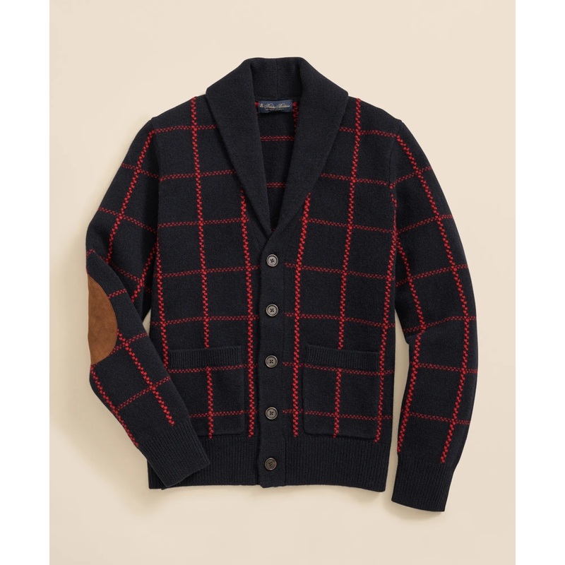 Merino Wool Windowpane Intarsia Shawl-Collar Cardigan