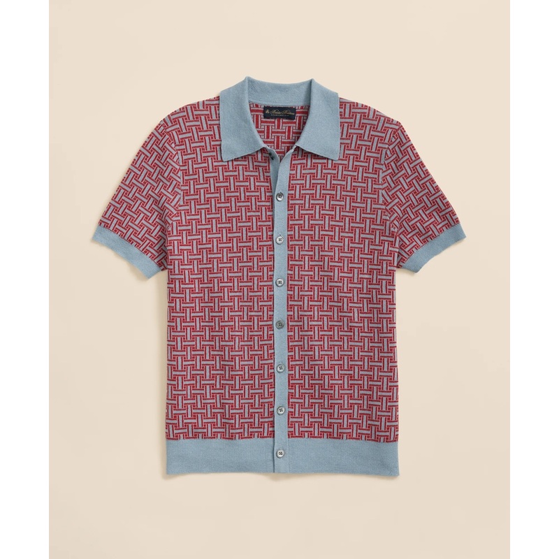 Polo Cardigan in Linen-Blend Tropical Basket Pattern